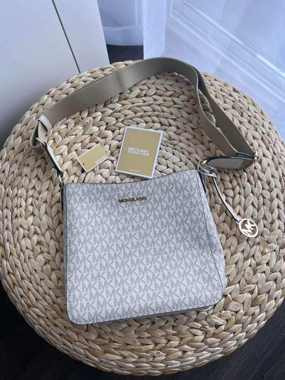 Michael Kors Beige Signature MK Crossbody Bag with Gold Hardware